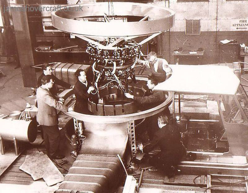 The SRN1 being manufactured - Here is shown a later stage in the SRN1's build, including the cockpit (right), engine, and support for the propeller. Also can be seen one of the two air ducts (lower middle) used to bleed air from the main lift fan to provide thrust in the form of two directional air jets (Peter Insole).