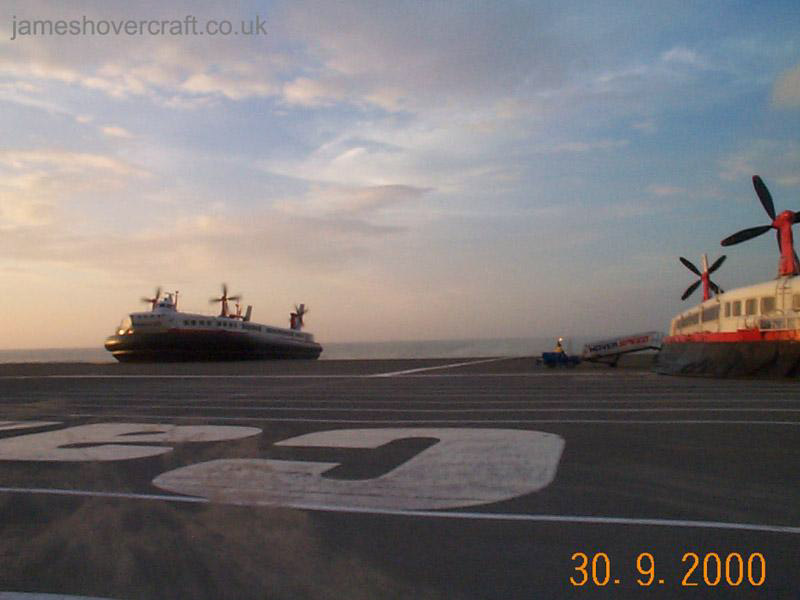 The last days of the SRN4 cross-channel service with Hoverspeed - The Princess Margaret (GH-2007) arriving behind The Princess Anne (GH-2006) at Calais (submitted by James Rowson).