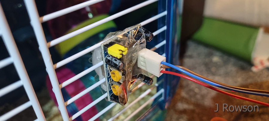 Monitoring Diesel (the Hamster)'s Movements - Motion sensor attached to cage (credit: James Rowson).