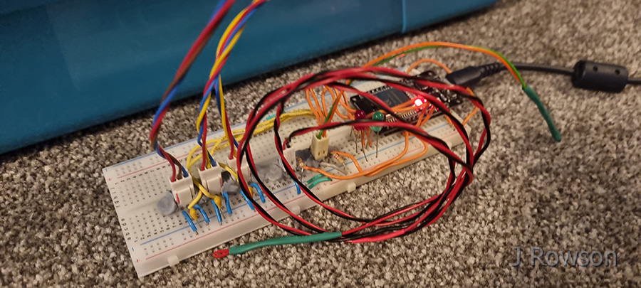 Monitoring Diesel (the Hamster)'s Movements - Extended breadboard plus inputs (credit: James Rowson).