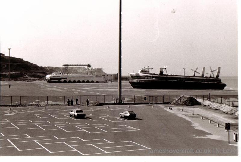 Comparing Boulogne hoverport in 2005 with the buildings as they used to be - 1983 - SEDAM N500 and SRN4 on hoverpad (credit: N Levy).